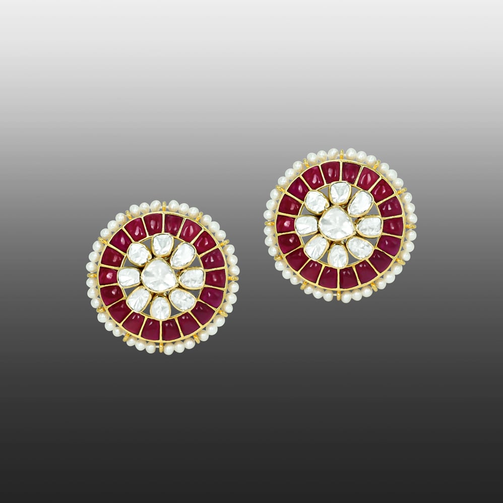 Ruby Coloured Talaf Studs with Polki Cluster and Pearl Detailing